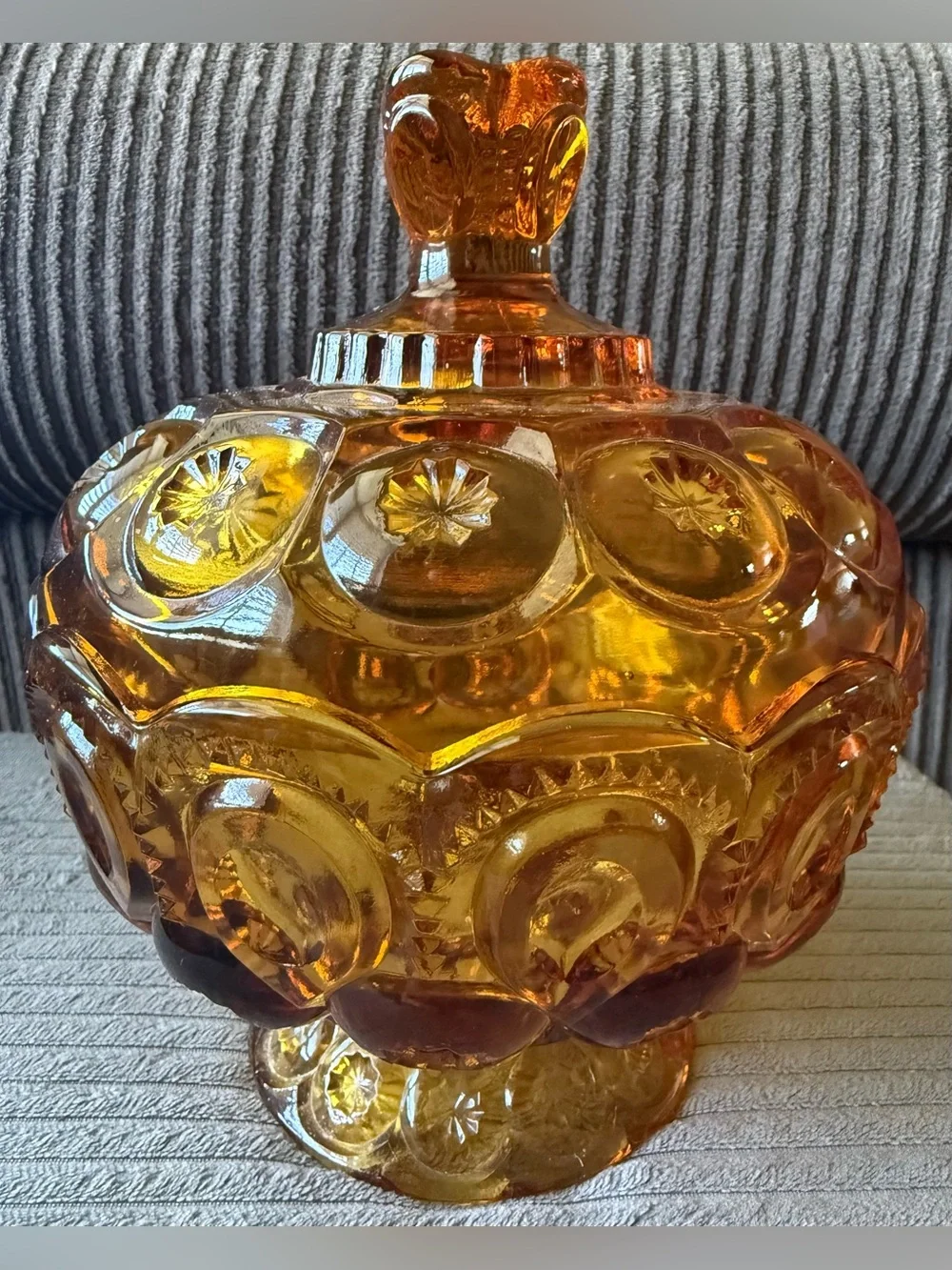 VTG L.E.Smith Moon Star Amber Glass Covered Candy Jar Dish - Picture 2 of 4